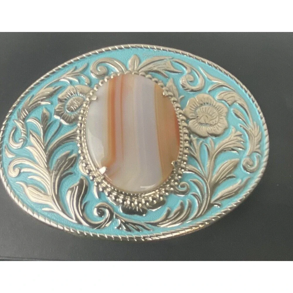 Vtg Silver Belt Buckel with Turquois Color & Coral Marbled Polished Stone